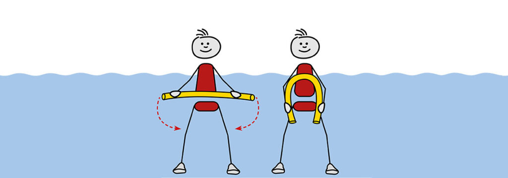 Figur biegt Poolnudel unter Wasser